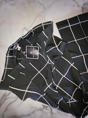 NWT Black Windowpane Trousers with White Grid